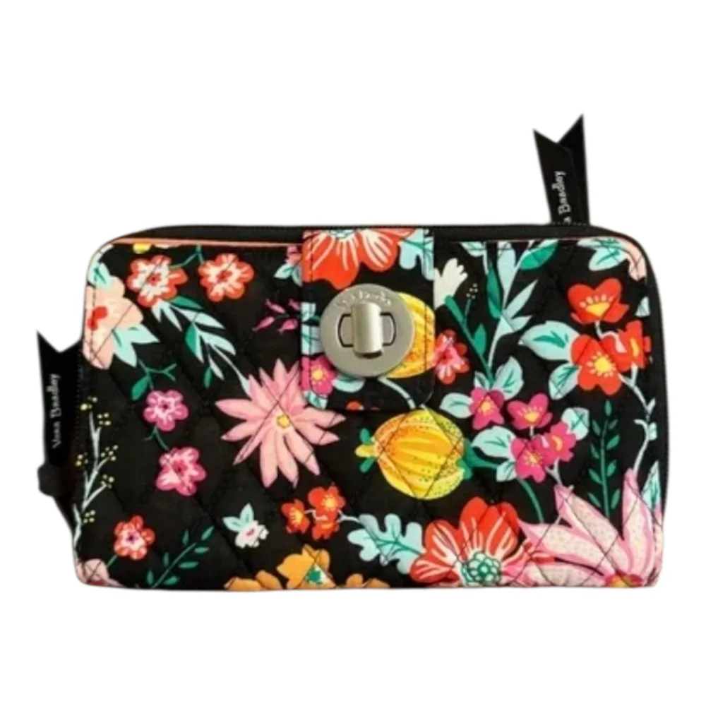 Vera Bradley RFID Turn Lock Wallet in TANGERINE TWIST‎ Black Floral New - Picture 6 of 9